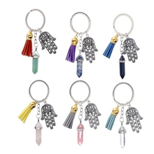 Natural Stone Chakra  Hexagonal Column Keychain Bohemian Tassel Fatima Hand Key Chains For Keys Car Bag Key Ring Jewelry Gift 2024 - buy cheap