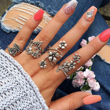 RONGBIN Vintage Rose Flower Rings Set for Women Girl Bohemia Antique Silver Color Midi Rings Set Floral Knuckle Ring 2024 - buy cheap