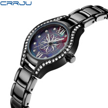 CRRJU-Reloj de pulsera con diamantes de cristal para mujer, cronógrafo con esfera negra, números romanos, a la moda, de lujo 2024 - compra barato