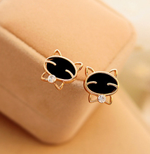 2014 New Fashion Korean Exquisite   High Quality Black Glaze Cystal Rhinestone Smile Cat  Stud Earrings E2292 2024 - buy cheap