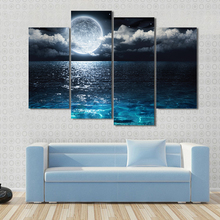 Decoración moderna para el hogar, lienzo impreso en HD, sala de estar, 4 paneles, luna llena, imágenes de vista al mar, pintura, arte de pared, marco de póster Modular 2024 - compra barato