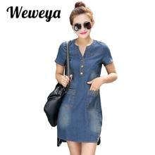 Weweya Summer Denim Dress Women Jeans Dress Loose Casual Short Sleeves Sexy V-neck Midi Dress Vestidos 2024 - buy cheap
