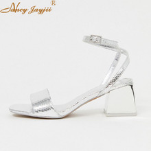 Female Shoes Woman Ladies Sandals Solid Silvery Ankle-Wrap Buckle High Square heels Basic Mature Fashion Elegant 2019 2024 - buy cheap