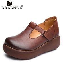 DRKANOL 2021 Spring Women Flat Platform Shoes Handmade Genuine Leather Round Toe Shallow Casual Shoes Women Platform Heel Shoes 2024 - buy cheap