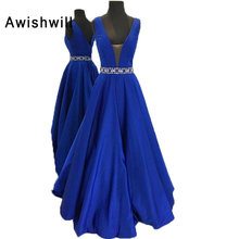 Royal Blue Party Long Dress Double V-neck Beadings Satin A-line Floor Length Women Formal Dress Evening Gowns Real Picture 2024 - buy cheap