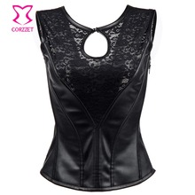 Black See Through Floral Lace & Leather Sexy Lingerie Corset Top Gothic Clothes Steampunk Clothing Women Corpetes Espartilhos 2024 - buy cheap