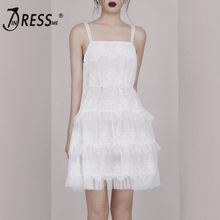 INDRESSME 2019 New Lace Spaghetti Straps Mesh Lace Up Tiered Sleeveless Mini Dress Sweet Lovely White Party Outfit 2024 - buy cheap