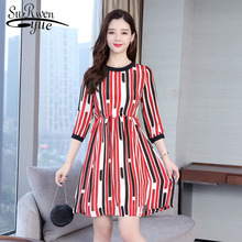 Women fashion Mid-length dress summer 2019 O-neck Seven-quarter sleeve Temperament striped print retro women dress tops 2910 50 2024 - buy cheap