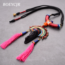 BOEYCJR  Ancient Tribe Style Natural Wood Human Face Chain Handmade Ethnic Vintage Long Pendant Necklace For Women Jewelry  2024 - buy cheap