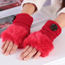 Female Winter Warm Lovely Fingerless Knit Typing Mittens Women Cute Half Finger Soft Faux Rabbit Fur With Buttons Girl Gloves A7 2024 - buy cheap