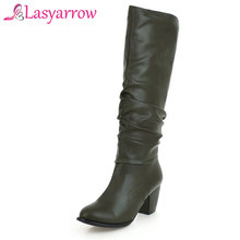 Lasyarrow Retro Slip On Knee High Martin Boots Women Shoes Thick Chunky Heels Punk Riding Boots Women Pleated Motorcycle Boots 2024 - buy cheap