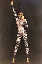 2020 Women New Sexy Printing Striped Zebra Elastic Jumpsuit Sparkly Crystals Skinny Rompers Role Show Nightclub Singer Costumes 2024 - buy cheap