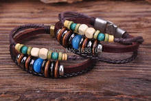 G72 2pc Surfer Hemp Leather Wood Beads Wristband Bracelet Cuff Multi Color Mens 2024 - buy cheap