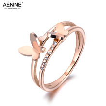 AENINE OL Design Stainless Steel Double Butterfly Ring Rose Gold Micro Pave CZ Crystal Anniversary Rings For Women Girls AR19020 2024 - buy cheap
