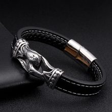 Vintage Genuine Leather Men Male Sporty Charm Bangles Punk Handmade Handcuffs Stainless Steel Chain Link Cuff Bracelets 2024 - buy cheap