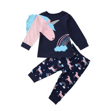Conjunto de roupas para meninas de verão, 2 peças, bebês, crianças, unicórnio, desenho, top, calças, pijama, roupa de casa 2024 - compre barato