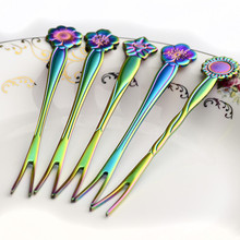 DE FLOR DE ACERO INOXIDABLE Tenedor de fruta postre para el té de la tarde pastel tenedor vajilla Arco Iris utensilios de cocina Café Bar cubiertos 5 unids/set 2024 - compra barato