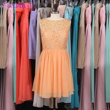 Short Lace Bridesmaid Dresses Peach Round Neck Knee Length Short Brides Maid Dress Free Shipping 2024 - buy cheap