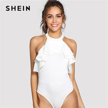 SHEIN Ruffle Trim Keyhole Back Halter Bodysuit White Button Mid Waist Sleeveless Skinny Bodysuits Women Summer Party Bodysuit 2024 - buy cheap