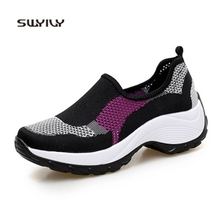 Swyivy tênis alto de malha respirável feminino, sapato plataforma antiderrapante super leve para caminhada feminina esportiva 2018 2024 - compre barato