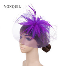 Elegant Purple Cap Fedoras Dress Women Crinoline Top Hat Party Mesh Hat Veils And Feathers Fascinators Wedding Party Hats SYF448 2024 - buy cheap