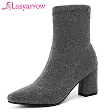 Lasyarrow-Botas de calcetín elásticas para mujer, zapatos de tacón alto sexys grueso, puntiagudos, negros y plateados 2024 - compra barato