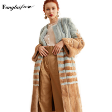 Fang Tai Fur 2019 Import Velvet Mink Fur Coat O-Neck Slim Striped Mink Coats Women's Contrast Color X-Long Real Mink Fur Coats 2024 - buy cheap