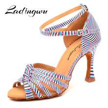 Ladingwu Dance Shoes Latin Women Color zebra texture PU Salsa Dance Shoes Yellow Blue Orange Ballroom Shoes Dance Women 2024 - buy cheap