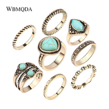 8 anéis étnicos de pedra azul midi para mulheres conjunto de joias boêmias antigas vintage de ouro junta de dedo 2024 - compre barato