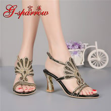 G-sparrow 2019 New Women's Black Fashion High-heeled Sandals Metal Rhinestones Diamond Women Shoes 2024 - buy cheap