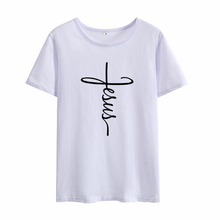 Mikialong jesus christian tshirt feminino carta impressa manga curta o pescoço t camisa de algodão feminino solto branco senhoras topo 2024 - compre barato