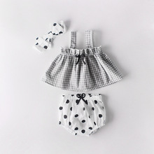 Комплект летней одежды из 3 предметов для маленьких девочек, одежда для новорожденных девочек Повседневная Блузка в клетку шорты в горошек повязка на голову, детская одежда 2024 - купить недорого