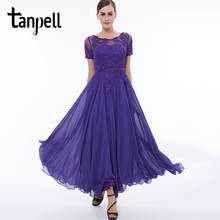 Tanpell short sleeves evening dress scoop purple appliques lace ankle length dresses cheap a line women long party evening gown 2024 - buy cheap