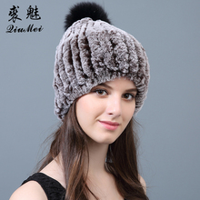 Real Rabbit Fur Hats Winter Women Pompom Russian Warm Female Beanie Elastic Genuine Fur New 2018 Real Rabbit Fur Caps Hats 2024 - buy cheap