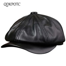 QDKPOTC 2018 Men's Real Genuine Cow Leather Brand Newsboy /Beret Hat Octagonal Cap Winter Warm Caps& Men With Ears Ear Flap Hats 2024 - buy cheap