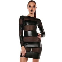 Vestido molhado de pvc com inserção de malha, vestido preto de couro vinil e manga longa, estiloso, sensual para mulheres 2024 - compre barato