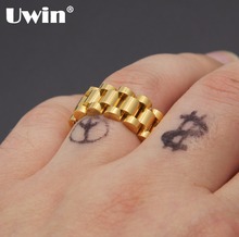 Uwin Top Quality Size 8-12 Hip Hop Band Ring Men's Stainless Steel Gold Color Watchband Link Style Ring 2024 - buy cheap