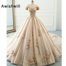 Великолепное Кружевное Свадебное платье принцессы с открытыми плечами, изящные цветы, бусины, ТРАПЕЦИЕВИДНОЕ свадебное платье цвета шампанского 2024 - купить недорого