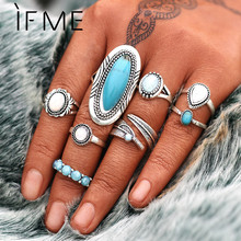 IF ME-Conjunto de anillos de protección Vintage bohemios para mujer, conjunto de anillos redondos geométricos de hoja de Color plateado antiguo para nudillos, joyería para dedos 2024 - compra barato
