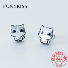 Серьги-гвоздики PONYKISS из серебра 100% пробы с милым маленьким котом, женские простые серьги для вечерние, красивый подарок на день рождения для девочек 2024 - купить недорого