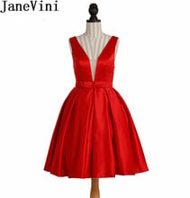 JaneVini Vestidos Cortos Red Homecoming Dress Short Satin Deep V Neck 2018 Illusion Back Bridesmaid Dresses For Women Party Prom 2024 - buy cheap