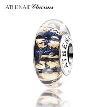 ATHENAIE-Cuentas de cristal de Murano auténtico, Arena Azul oscuro de plata 925 ° con lámina de oro, aptas para todas las pulseras europeas, collares 2024 - compra barato
