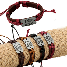 Unisex "I LOVE JESUS" Faux Leather Bangle Hemp Rope Chain Adjustable Bracelet 2024 - buy cheap