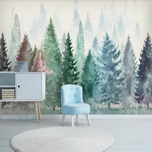 Custom wallpaper small fresh watercolor hand-painted forest fog forest background wall painting waterproof material 2024 - buy cheap