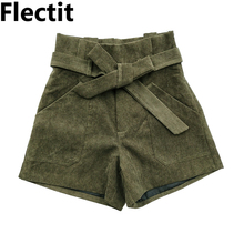 Flectit shorts de veludo feminino com cinto bolso frontal paperbag cintura alta shorts senhoras outfits 2024 - compre barato