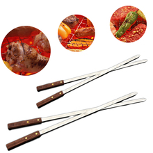 Barbecue Stainless Steel Flat Meat Skewers With Wooden Handles Outdoor Barbecue Grills BBQ Forks Accessories Roasting Fork 60cm 2024 - buy cheap