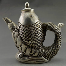 Olla de té de pez grande para decoración de boda, utensilios de latón, tallado de plata tibetana, artesanal antiguo, coleccionable 2024 - compra barato