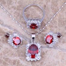 Red Garnet White CZ Silver Plated Jewelry Sets Earrings Pendant Ring Size 5.5 / 6 / 7 / 8 / 9 / 10 S0083 2024 - buy cheap