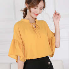 Verão 2019 mulheres casual coreano chiffon camisas soltas manga curta camisa feminina elegante escritório blusa vermelha senhoras streetwear topos 2024 - compre barato