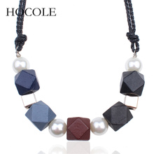 HOCOLE 2018 New Trendy Women Geometric Wooden Necklaces & Pendants Statement Necklace with Simulation Pearl for Women Jewelry 2024 - buy cheap